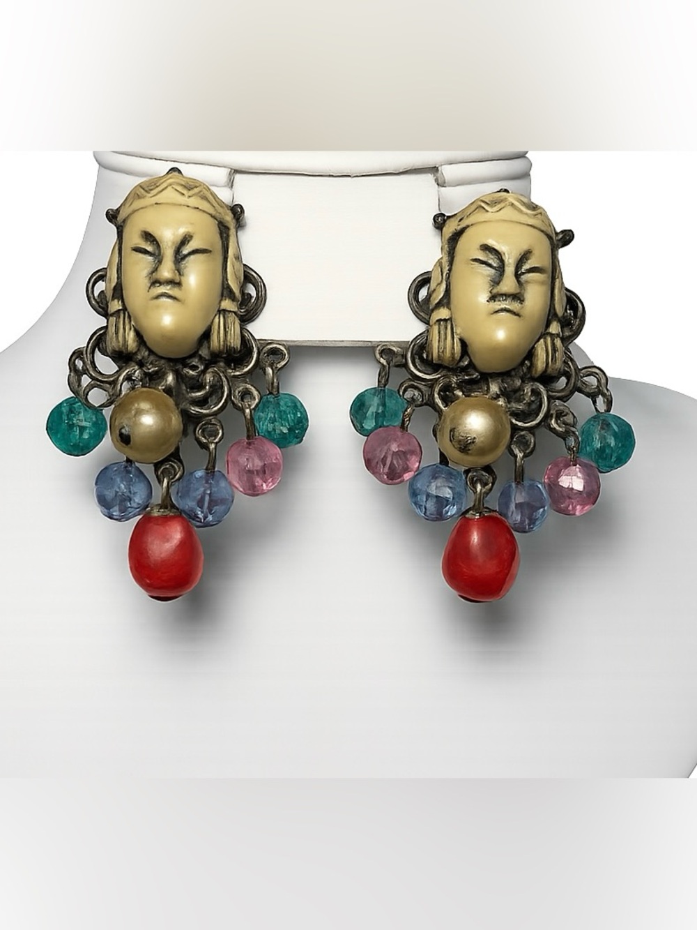 Signed Selro Asian Princess Face Clip Earrings Dangle 1.5” Vintage